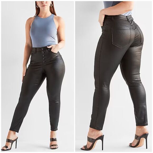NEW Express Curvy High-Waisted Black Coated Button Fly Supersoft Skinny Jeans - Picture 1 of 13